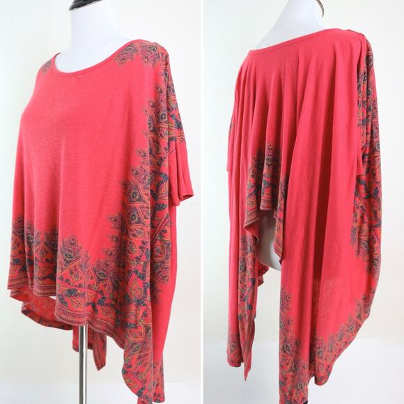 Free People Size S Oversize Split Back Tunic Red Black Pimento Floral - Picture 1 of 12